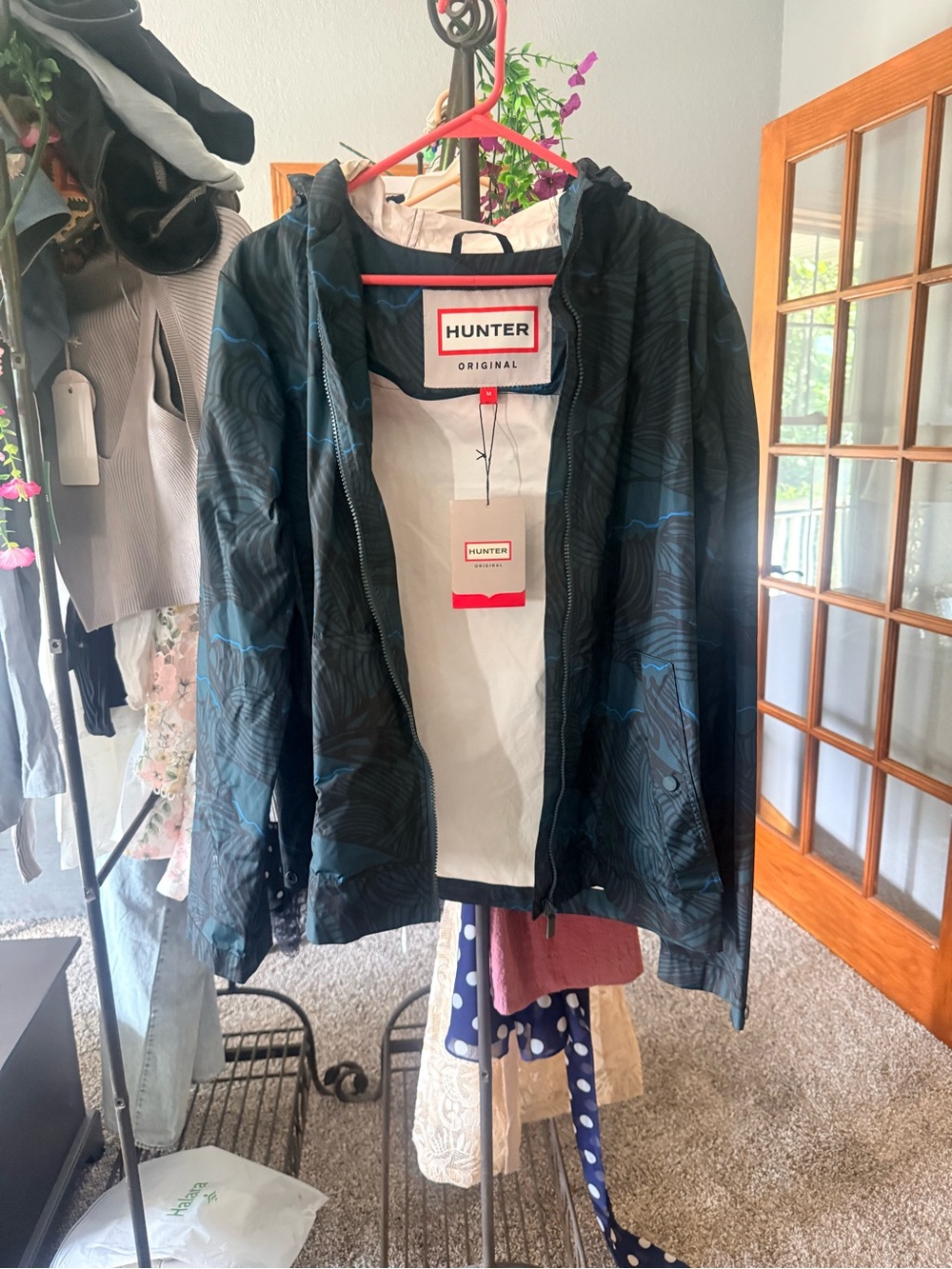 Hunter Original Black Rain Jacket with Blue Topographic Print
